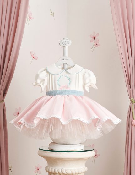 İşlemeli Mavi Pembe Özel Gün Elbisesi