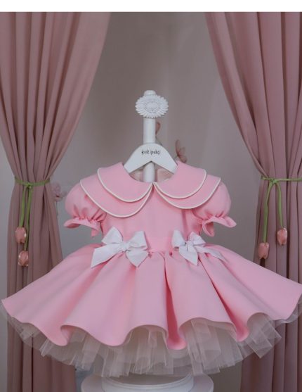 Çift Bebe Yaka Çift Kurdeleli Pembe Elbise