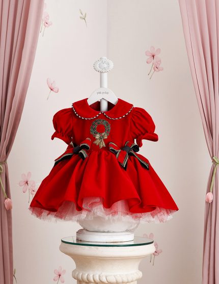 Çelenk Nakışlı Ekose Detaylı Yılbaşı Elbisesi