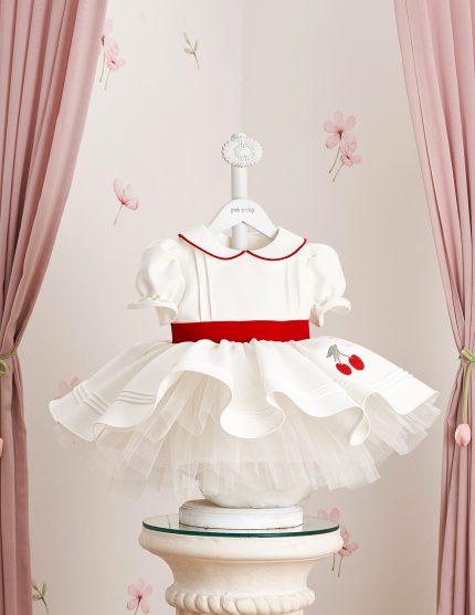 Kiraz Nakışlı Beyaz Doğum Günü Elbisesi