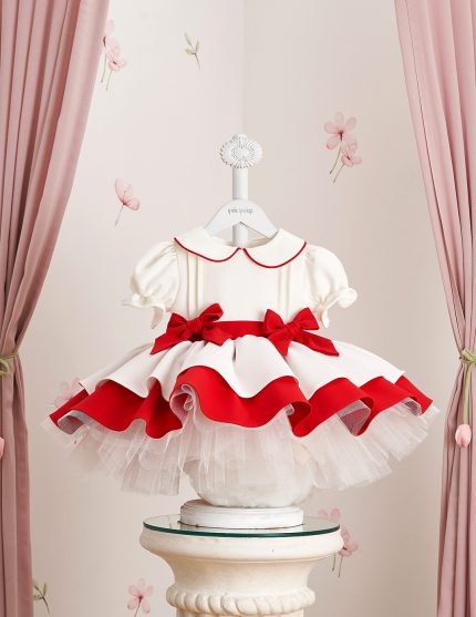 Kırmızı Detaylı Çift Etekli İşlemeli Elbise