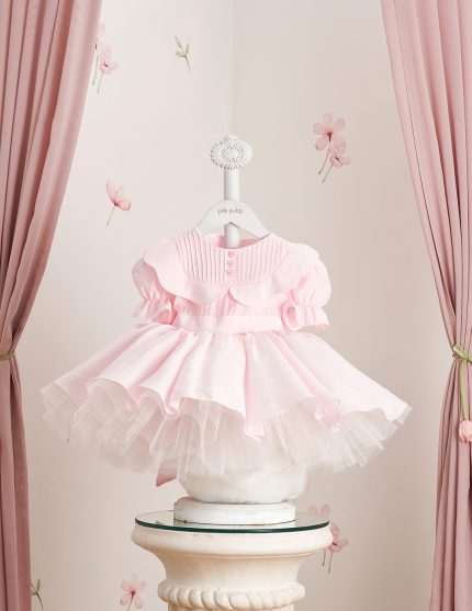 Robalı Kalp Düğme Detaylı Pembe Elbise