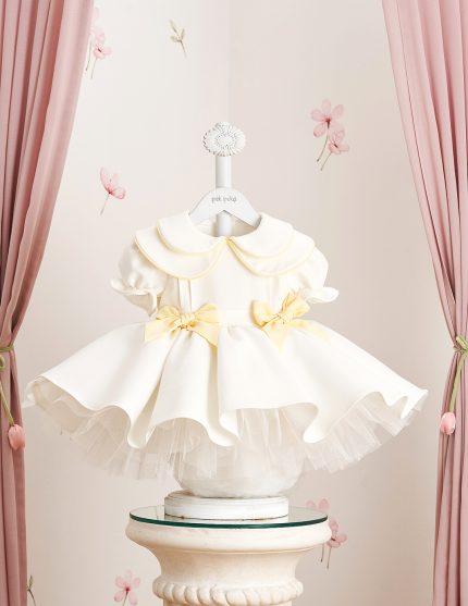 Sarı Detaylı Çift Fiyonk ve Bebe Yaka İşlemeli Elbise